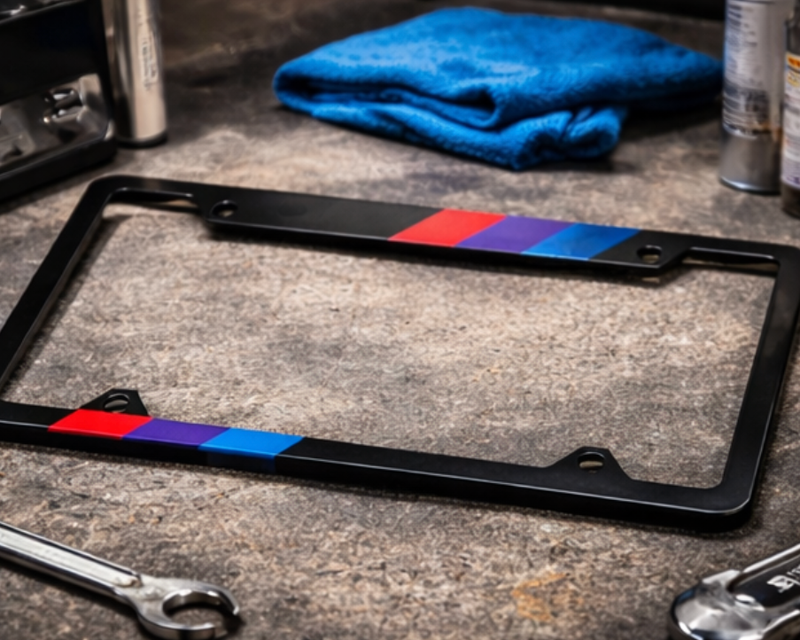 Black license plate frame with colorful accents on a workshop counter.